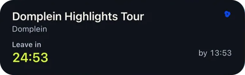 Locol Live Activity on the lock screen: Domplein Highlights Tour, Domplein. Leave in 24 minutes 53 seconds, by 13:53.